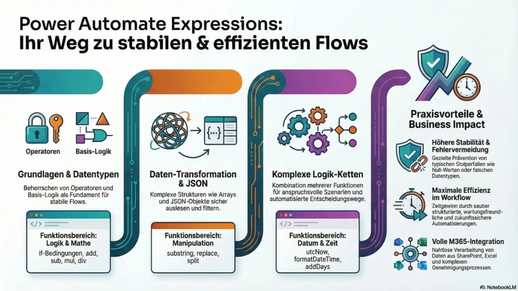 Power Automate Expressions – Grundlagen & Praxis Expressions verstehen, Daten verarbeiten, Logik meistern – die wichtigsten Funktionen für stabile und professionelle Flows.