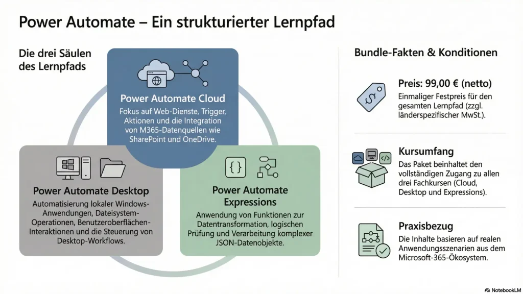Power Automate – Ihr durchgängiger Lernpfad Drei aufeinander abgestimmte Kurse, die Sie sicher von den Grundlagen bis zur eigenständig umsetzbaren Lösung begleiten.