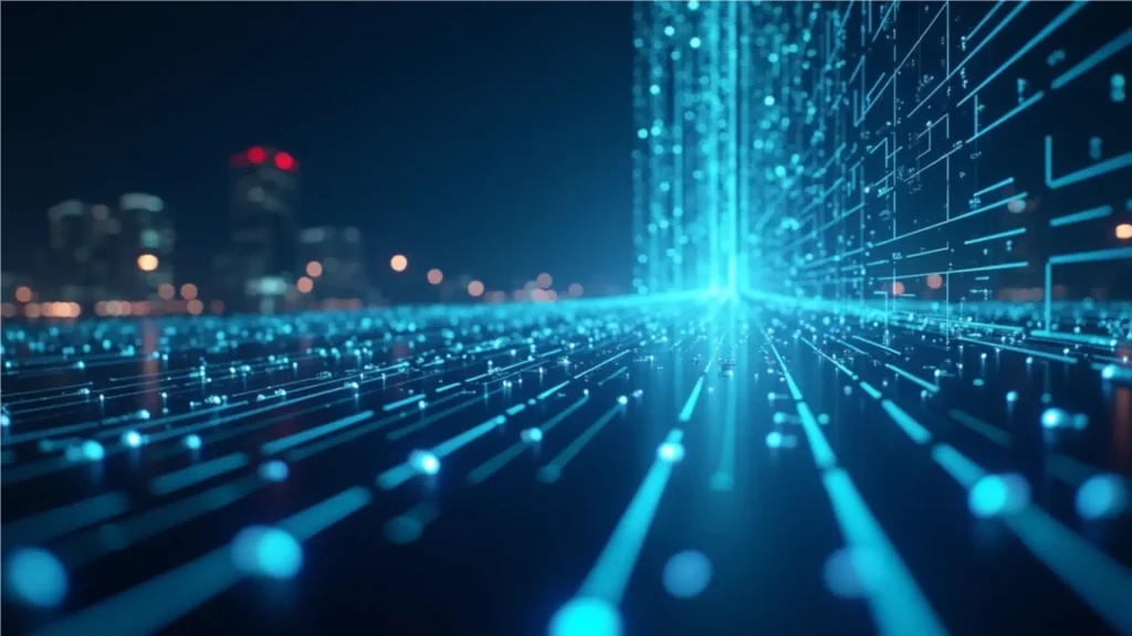 Abstrakte Darstellung vernetzter automatisierter Prozesse mit leuchtenden Datenlinien, die in einer strukturierten, aber zunehmend komplexen Systemlandschaft zusammenlaufen.